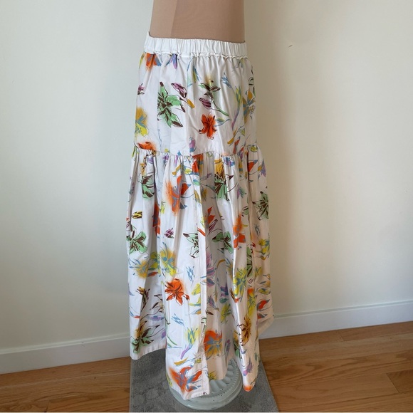 Tanya Taylor Lara White Floral Multicolor Cotton Tiered A-line Midi Skirt EUC XL - Picture 8 of 12